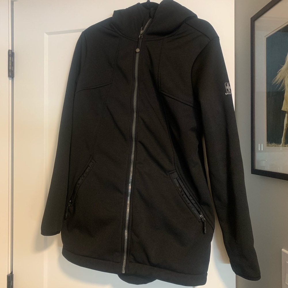 Mid length black Swiss Tech Jacket size M